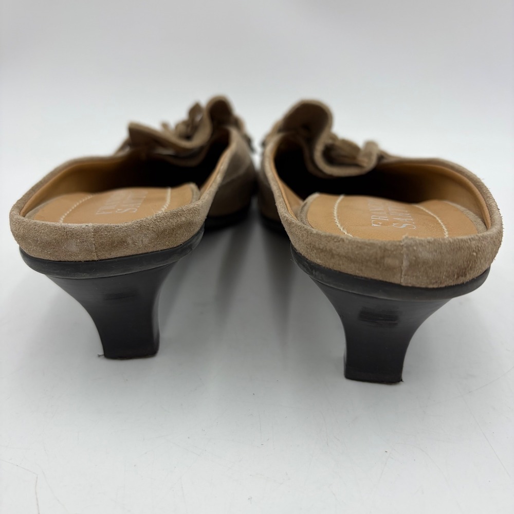 Franco Sarto Tan Kitten Heel Mules Tan Suede Fringe 8.5M Boho Western Slip On - Picture 5 of 11